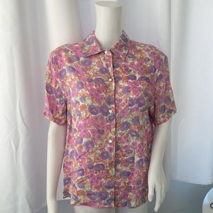 Vintage 80s BENETTON Blouse Pastel Watercolor Floral Print Short Sleeves Size S